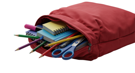 Ripped red nylon backpack, school supplies (colorful pencils, markers, notebooks, scissors) tumbling out, close-up with dramatic chiaroscuro lighting on transparent. Dramatic revelation of common