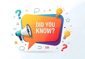 Did You Know? colorful vector banner. Megaphone announcing interesting facts, trivia, and knowledge. Education, quiz, and FAQ concept with icons