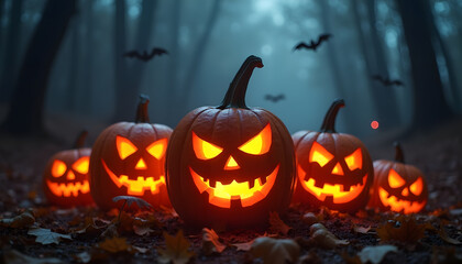 Glowing Jack-o'-lanterns in a spooky forest on Halloween night