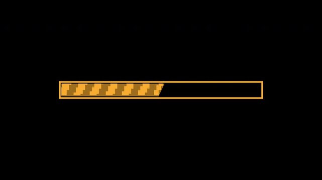 Yellow color 8 bit loading bar animation on black background. 4k video animation. 