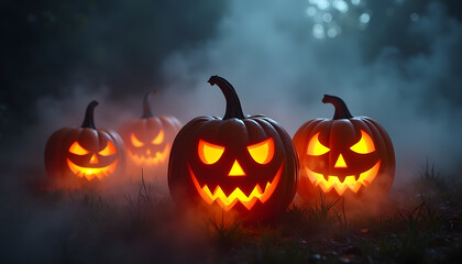 Obraz premium Glowing jack-o'-lanterns in a spooky Halloween night scene