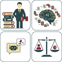 The transformation of legal practice: from routine document analysis to automation using AI and chatbots, raising the question of the human role in justice. A set of 4 images.