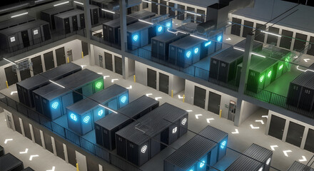 Modern data center with rows of servers and glowing lights representing data flow and technology