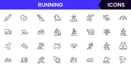 Running vector web line icon collection, sleek illustrations of shoes, tracks, fitness, speed for dynamic, active, athletic designs.