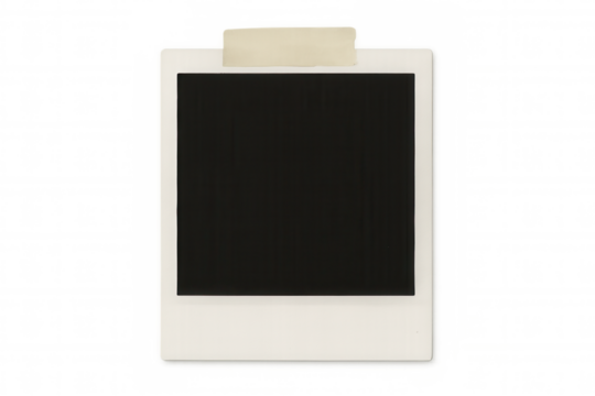 Blank instant camera film frame with old tape holding it, creating a vintage memory concept, transparent background