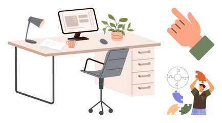Desktop workspace with lamp, computer, chair, and plant alongside floating puzzle pieces, hand gesture, and collaborator holding puzzle. Ideal for teamwork, ideas, problem-solving creativity