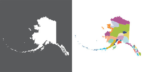 Obraz premium Alaska state counties map set. Map of the US state of Alaska with city in set multicolor.