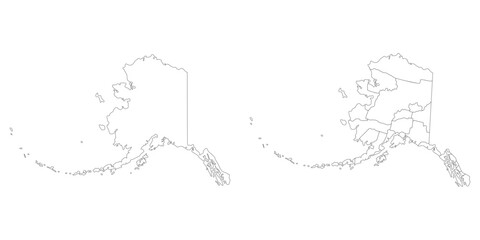 Alaska state counties map set. Map of the US state of Alaska with city in set white color.
