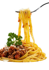 Extreme macro of golden tagliatelle pasta with rich bolognese sauce, parmesan, parsley, lifted by a silver fork, steam, on a transparent background, concept of gourmet food advertising