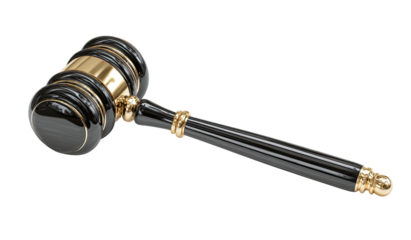 Black gavel with gold accents.  A judicial tool