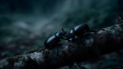Two large black beetles engage in a close up interaction on a textured mossy branch in a dark atmospheric forest setting