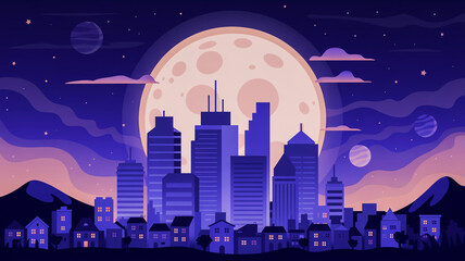 Stylized Night Cityscape with Large Moon and Distant Planets skyline