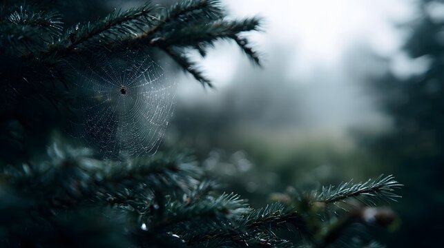 A spider weaves a dew kissed web on a dark pine branch in a misty atmospheric forest