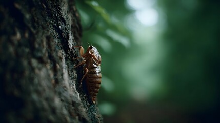 A shed cicada shell adheres to the rough bark of a tree in a verdant blurred forest
