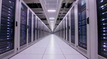 Rows of advanced server cabinets with glowing blue lights fill the data center, illuminated by overhead lighting casting soft shadows, showcasing technological precision