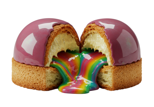 Exquisite artisanal "Rainbow Glaze" pastry, broken open revealing vibrant, oozing rainbow ganache and cream layers, on transparent, dramatic chiaroscuro. Concept of gourmet indulgence
