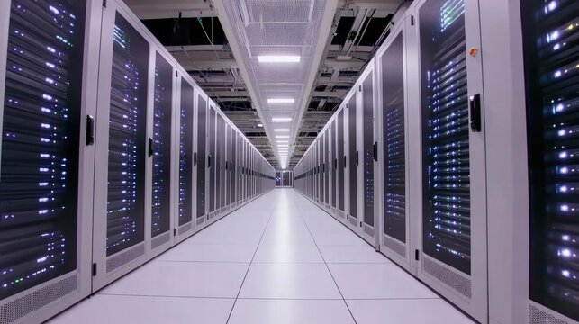 Rows of advanced server cabinets with glowing blue lights fill the data center, illuminated by overhead lighting casting soft shadows, showcasing technological precision - Powered by Adobe