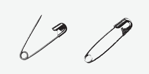 Set of halftone stipple elements, safety pins that can be opened and closed after being punctured with needles. attached to surface. Grunge punk dotted texture for collage design