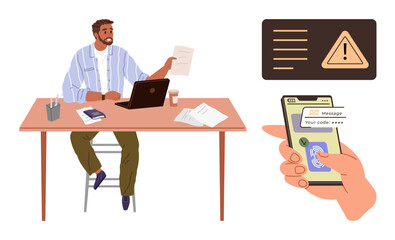 Man at desk with laptop, papers, and phone showing a security code and alert message. Ideal for themes thumbs up cybersecurity, identity verification, office tasks, workflow, online risk