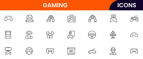 Gaming vector web line icon collection, sleek illustrations of controllers, headsets, consoles, virtual reality for immersive, dynamic designs.