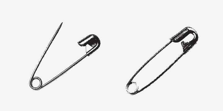 Set of halftone stipple elements, safety pins that can be opened and closed after being punctured with needles. attached to surface. Grunge punk dotted texture for collage design