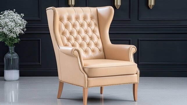 This interior showcases stylish black walls adorned with classical decoration, featuring a cozy leather armchair and a tasteful vase of flowers enhancing the ambiance