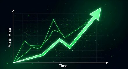 A green market value graph going up on a dark background.