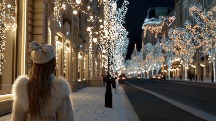 Fototapeta premium A girl with long brown hair, wearing a white fur jacket and a bow, gazes at the bright Christmas decorations lining a picturesque city street in winter