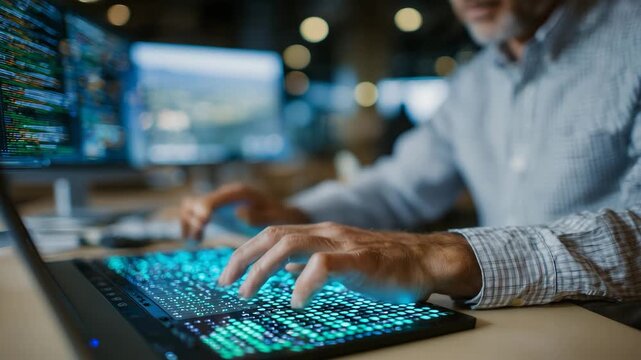 Detailed close-up of hands navigating accessible keyboard with braille strip, visually impaired developer focused, blurred code editor with tests running behind