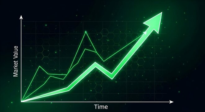 A green market value graph going up on a dark background.