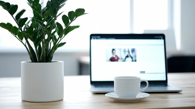 Modern Desk Setup with Plant - A clean, bright desk is shown with a laptop, coffee cup, and Zamioculcas zamiifolia plant in a white pot.