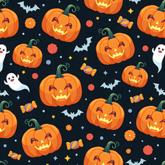 Festive Halloween pattern with pumpkins, ghosts, bats, and candy on a dark background