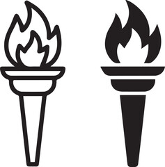 minimal torch icon duo outlined and solid flame symbol set for logo and ui design