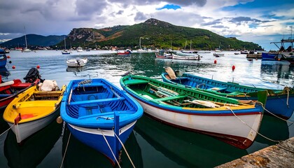 Colorful boats moored in a calm harbor, nestled against a backdrop of green hills and cloudy skies on the water