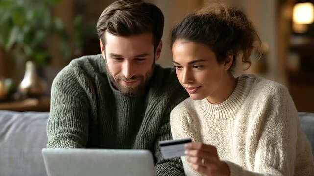 Residence Payment Card and Pair on Couch Computer and Web Purchase with Finance Buy and Code Male and Female on Sofa Device and Transaction with Deal Conservation and Online