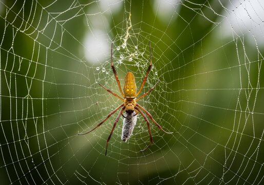 Orb-Weaver Spider with Prey in a Dew-Covered Web