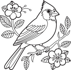 Obraz premium Cute vector bird illustration on a tree branch with flowers and leaves