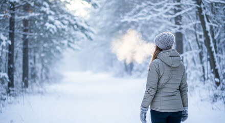 Woman walking on a snowy trail exhaling mist in a serene winter forest