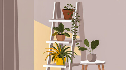 White Ladder Shelf Filled with Various Potted Houseplants Against a Neutral Wall indoor plants
