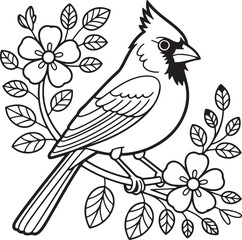 Obraz premium Cute bird vector illustration sitting on a branch with flowers and leaves