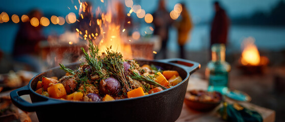 A large pot of food with rosemary and spices is being cooked over a fire at night by the lake, while people enjoy themselves in the background