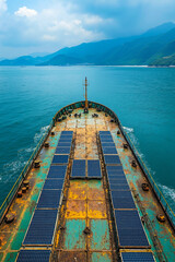 A large ship with solar panels on the deck of it
