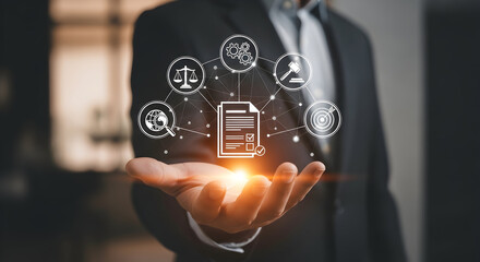 Naklejka premium Services Hologram Hand Presenting Digital File and Service Icons