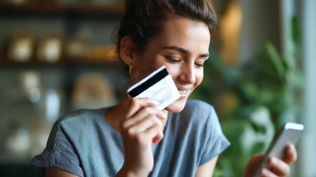 Mobile Payment Card and Female in Residence for Web Purchase Numeric Buy and Membership Joyful Unwind and Individual with Debit Details on Device for Online Commerce Site Deal and