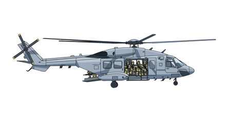 Military Helicopter with Open Door and Visible Passengers.