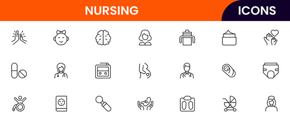 Vector illustration web line icon collection for nursing home care, elderly, medical, and support symbols in a compassionate, modern style.