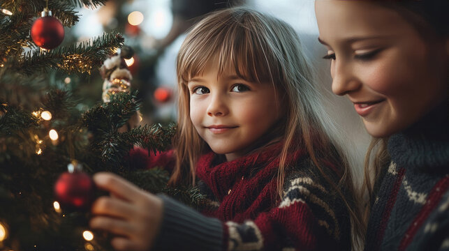 Children helping parents remove Christmas decorations before tree disposal, family teamwork, post-Christmas cleanup, cozy home, festive atmosphere, copy space