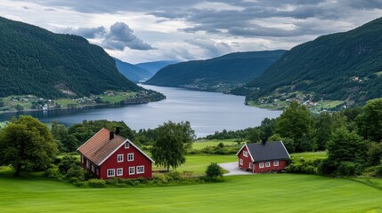 Obraz premium A vibrant red house stands peacefully by a calm lake, surrounded by majestic mountains and a dramatic, cloudy sky, capturing Norway's natural beauty and tranquility