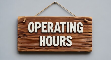 Rustic wooden sign hanging on a gray wall displaying the words operating hours