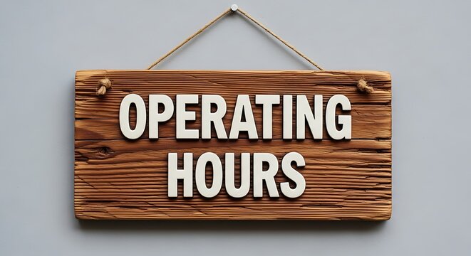 Rustic wooden sign hanging on a gray wall displaying the words operating hours